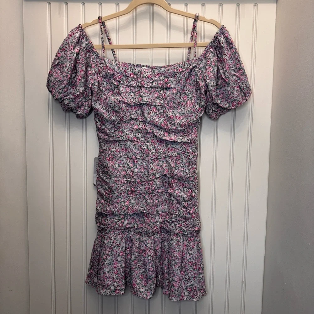 Astr The Label Pink Blue Ditzy Floral Off-Shoulder Garden Girl Weddng Min Dress - Picture 3 of 8